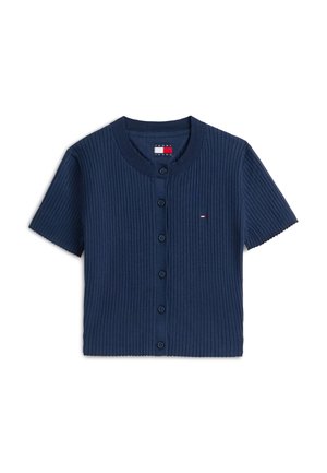 Short-sleeve navy blue ribbed knit cardigan with round neck, button front, and small Tommy Jeans logo on the chest.