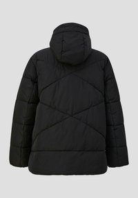 Chaqueta de plumas negra con capucha, con un diseño acolchado y patrones de diamante. Textura suave con un corte holgado y mangas largas.