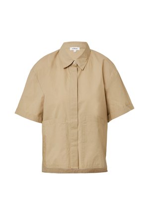 Beige Kurzarmhemd mit spitzem Kragen, Knopfleiste vorne und zwei großen aufgesetzten Taschen auf Taillenhöhe. Aus leichtem Stoff gefertigt.