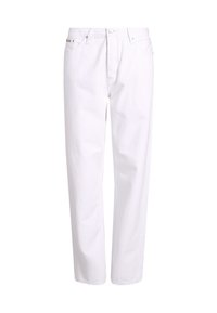 Pantalones de algodón blancos con un corte relajado, que presentan un diseño de pierna recta, bolsillos delanteros y cierre de botón. Textura suave y detalles mínimos.