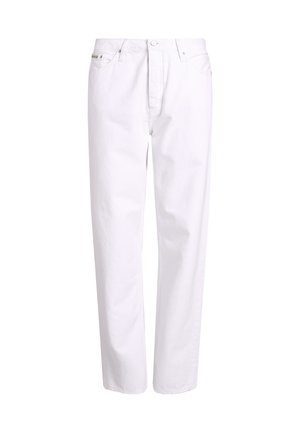 Pantaloni bianchi in cotone con una vestibilità rilassata, caratterizzati da un design a gamba dritta, tasche anteriori e chiusura con bottone. Tessuto liscio e dettagli minimi.