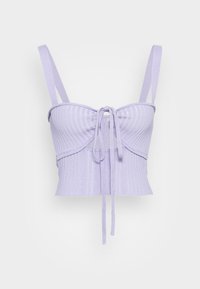 Top cropped em ribana lilás com alças finas ajustáveis, detalhe de laço na frente e tecido texturizado. Comprimento na altura do abdómen com corte ajustado.