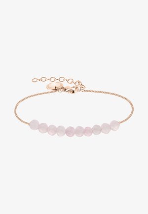 Bracelet en or rose avec des perles rondes lisses de couleur rose pastel, dotée d'une chaîne délicate et d'un fermoir, adaptée pour un ajustement réglable.