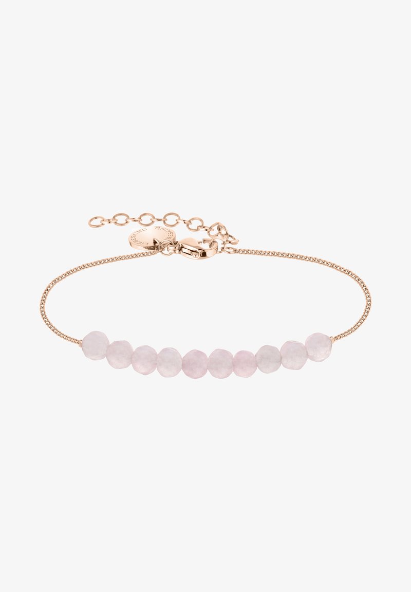 Roze-gouden armband met gladde, ronde pastelroze kralen, voorzien van een delicatete ketting en sluiting, geschikt voor een verstelbare pasvorm.