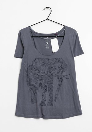 Gray cotton t-shirt with short sleeves and a scoop neckline featuring a detailed black elephant graphic design. Tag attached.