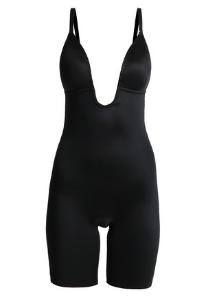 Bodysuit noir avec un décolleté en V profond, des bretelles ajustables, et une coupe ajustée au toucher lisse et extensible. Longueur mi-cuisse.