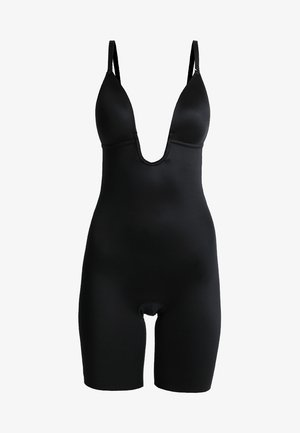 Zwarte body met een diepe V-hals, verstelbare bandjes en een aansluitende pasvorm met een gladde, rekbare textuur. Lengte tot halverwege de dijen.