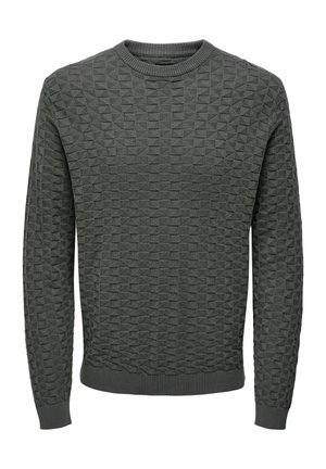 Gray knitted sweater with a geometric textured pattern, featuring a crew neckline and ribbed cuffs and hem. Material appears soft and stretchy.