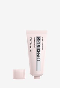 Maybelline trucco opaco 4-in-1 in un tubetto rosa chiaro con tappo a vite, caratterizzato da una tipografia elegante e moderna e da una texture liscia.