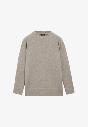 Light grey knit sweater with a round neck, dropped shoulders, long sleeves, and ribbed cuffs and hem. Soft texture, casual design.