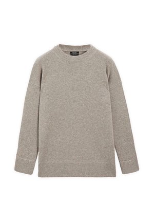 Hellgrauer gestrickter Pullover mit langen Ärmeln, rundem Ausschnitt, gerippten Bündchen und Saum, der ein weiches, strukturiertes Finish aufweist.