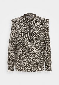 Svart och krämfärgad mönstrad blus med lång ärm, mandarinkrage, volangdetaljer på axlarna och knäppning vid ärmsluten. Slät tygkvalitet.