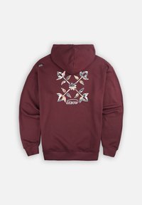 Hoodie bordeaux avec une capuche à cordon, présentant un graphisme floral multicolore au dos. Fabriqué en tissu doux avec des poignets côtelés.