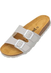 Gray slide sandal with two white adjustable buckles, cork footbed, and a textured sole. Features smooth synthetic upper with a flat design.