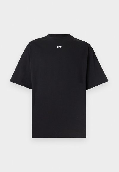 Μαύρο κοντομάνικο T-shirt με φαρδιά εφαρμογή και μικρό λευκό κείμενο "OFF" στο κέντρο κοντά στη λαιμόκοψη μπροστά.