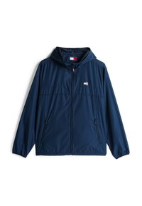 Námořnicky modrá větrovka z lehk�é, voděodolné tkaniny. Má kapuci, přední zip a dvě boční kapsy.
