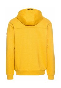 Gul hættekjole, bomuldsstof, blød tekstur, frontlomme (kangaroo lomme), justerbar snøre til hætten, ribbede manchetter og kant, enkelt design.