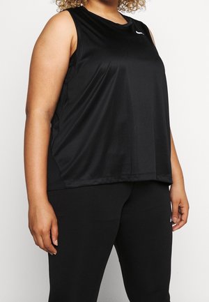 Schwarzes sportliches Tank-Top mit ärmellosem Design und rundem Ausschnitt. Hergestellt aus glattem, leichtem Stoff. Verfügt über ein kleines Logo auf der Brust.