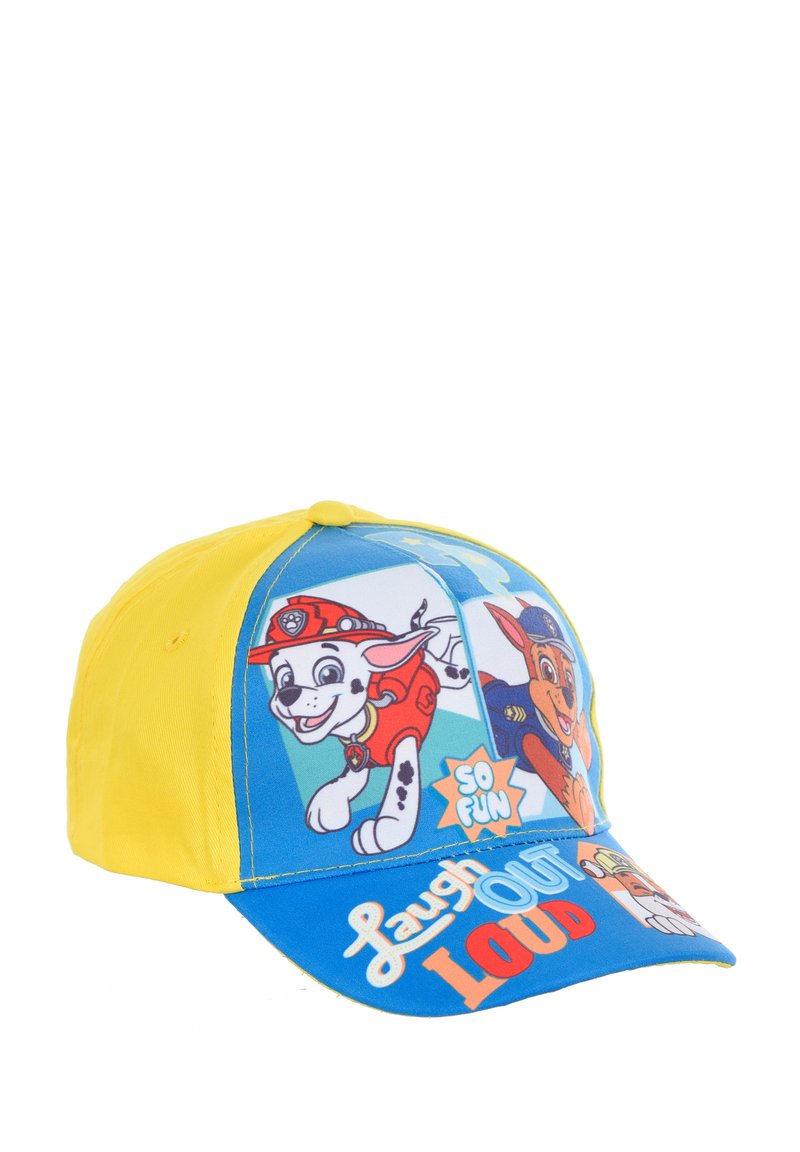 Gorra amarilla y azul con gráficos divertidos de perros de dibujos animados. La parte delantera tiene una visera curvada y texto que dice "Ríete a carcajadas" y "Tan divertido".
