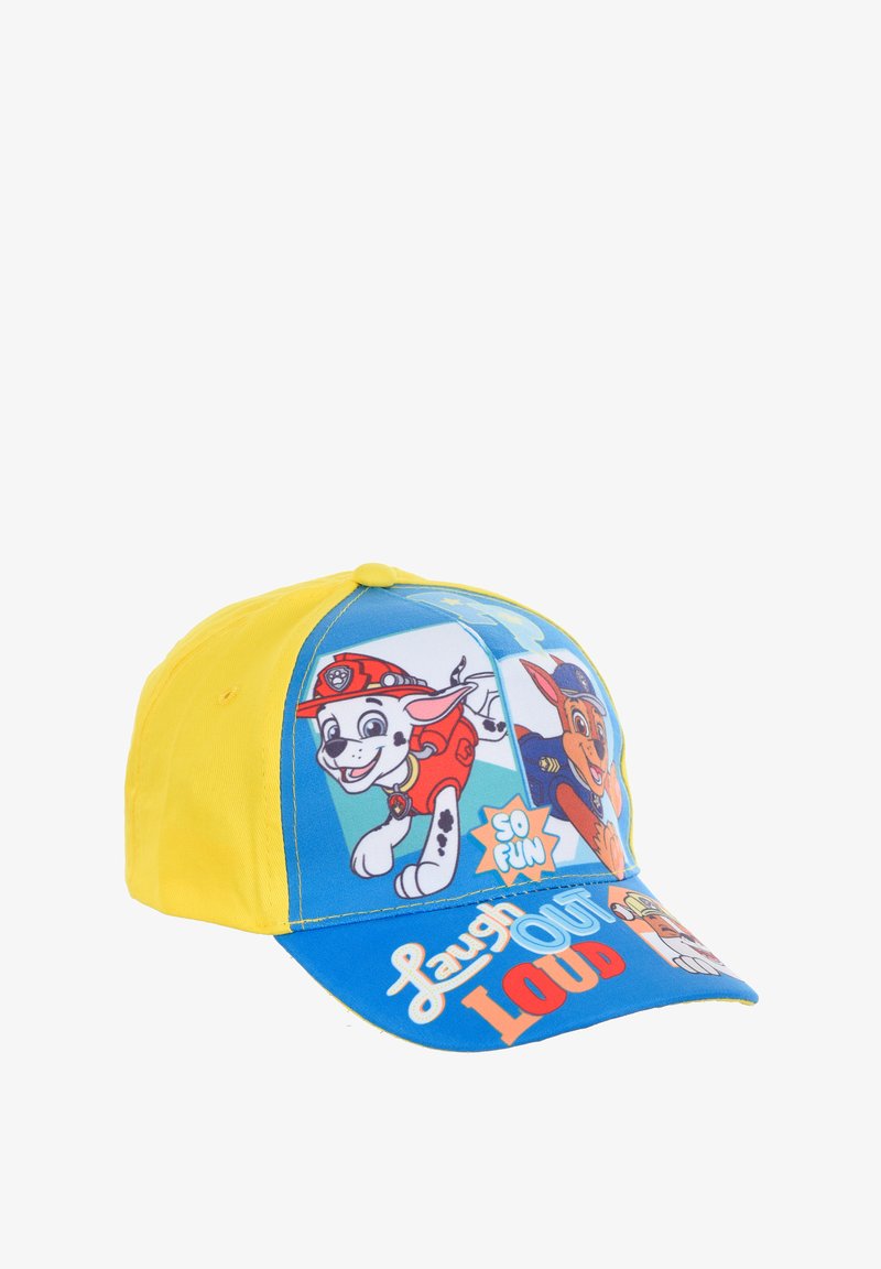 Gorra amarilla y azul con gráficos divertidos de perros de dibujos animados. La parte delantera tiene una visera curvada y texto que dice "Ríete a carcajadas" y "Tan divertido".