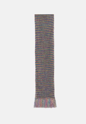 Longue écharpe en tricot avec des rayures verticales noires et des fils multicolores, terminée par une frange multicolore à une extrémité.