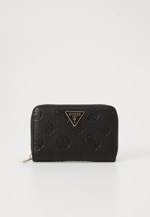 Black textured leather wallet with embossed floral and logo patterns. Features a gold-tone triangular logo plate and zip closure.