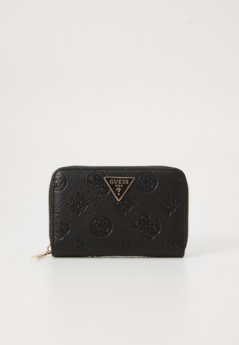 Black textured leather wallet with embossed floral and logo patterns. Features a gold-tone triangular logo plate and zip closure.