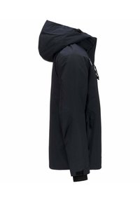Giacca impermeabile nera con cappuccio, dotata di tasca laterale con zip, cordini regolabili e polsini elasticizzati per una vestibilità aderente.