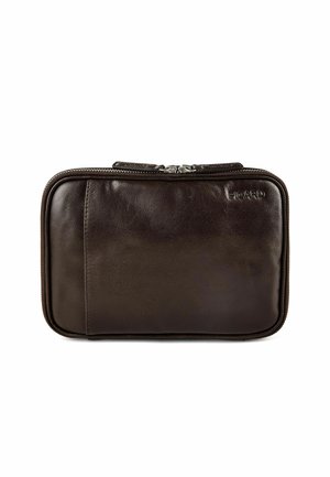 Bustina in pelle marrone scuro con cerniera, bordi arrotondati e nome del marchio impresso nell'angolo in alto a destra.