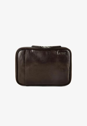 Donkerbruine leren etui met rits, afgeronde hoeken en geëmbossede merknaam in de rechterbovenhoek.