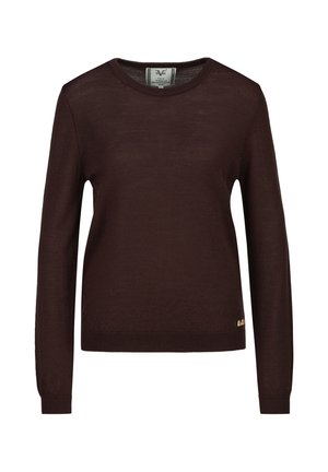 Pull marron foncé à manches longues, col rond, poignets et ourlet côtelés, petit détail de logo doré près de l’ourlet inférieur côté droit.