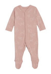Salopette rosa per neonati realizzata in tessuto morbido, con maniche lunghe e illustrazioni di coniglietti bianchi. Bottoni a pressione sulla parte anteriore per facilitare il vestire.