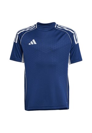 Dunkelblaues, kurzärmeliges Sportshirt mit weißen Streifen auf den Schultern, weißem Logo auf der Brust und dezentem Punktmuster auf der Vorderseite.