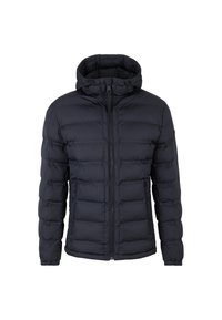 Puffer jacket in dark navy, featuring a hood, zip front, and padded design with elastic cuffs. Two side pockets and subtle branding.
