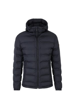 Puffer jacket in dark navy, featuring a hood, zip front, and padded design with elastic cuffs. Two side pockets and subtle branding.