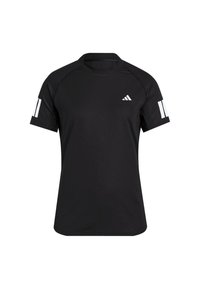 Tricou sport negru, realizat dintr-un material ușor. Dispune de un guler rotund, mâneci scurte și accente albe cu trei dungi pe o mână.