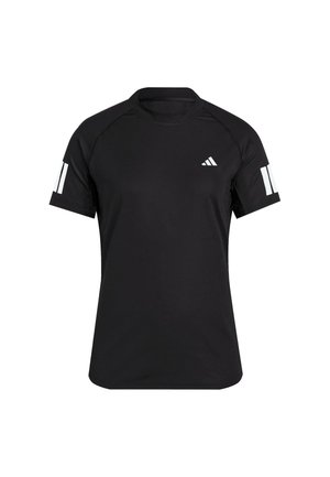 Black athletic t-shirt made of lightweight fabric. Features a crew neck, short sleeves, and white accents with three stripes on one sleeve.