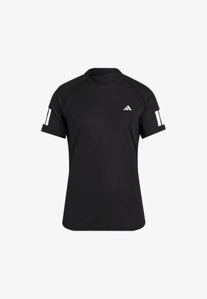 Camiseta atlética negra hecha de tejido ligero. Presenta un cuello redondo, mangas cortas y acentos blancos con tres franjas en una de las mangas.