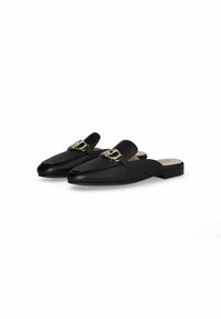 Mules en cuir noir avec un bout pointu et un talon plat, mettant en avant une boucle dorée sur le devant et une texture lisse et élégante.