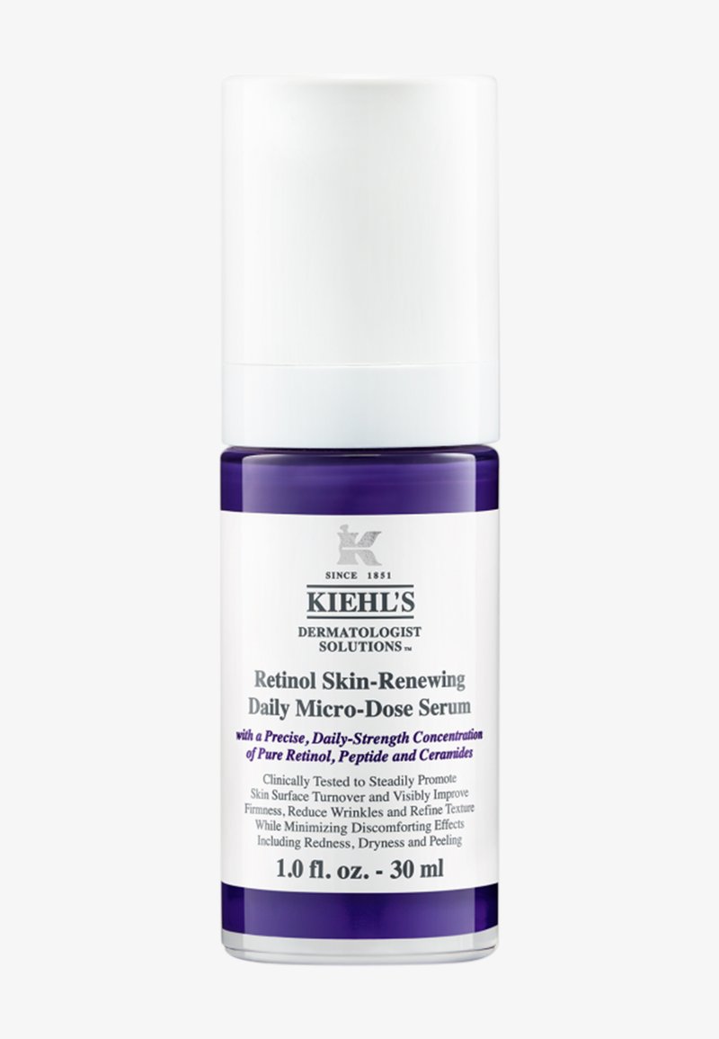 Kiehl's Retinol Skin-Renewing Daily Micro-Dose Serum; klar glassflaske, hvit hette, lilla detaljer; inneholder produktinformasjon på etiketten.