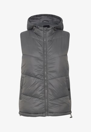 Sivkasti pufast telovnik s kapuco, ki ima sprednji zadrgo, stranske žepke in horizontalno š Quiltano zasnovo z gladko teksturo.