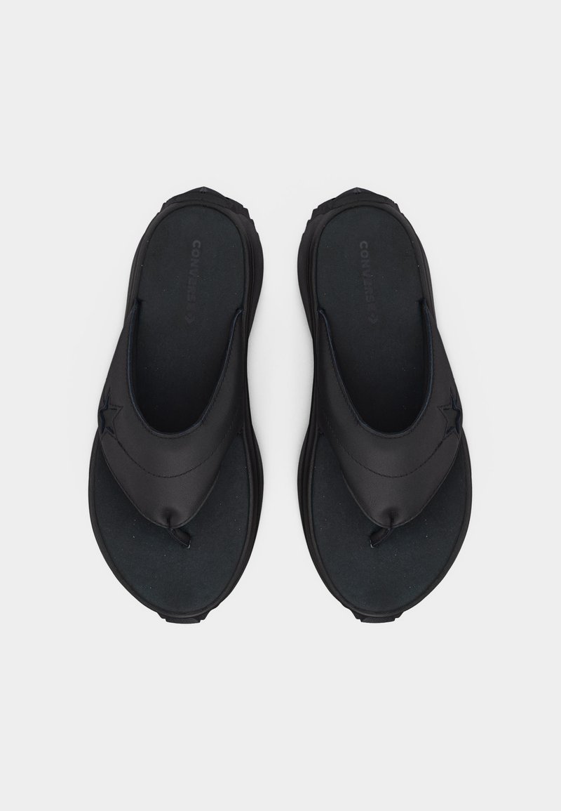 Paar schwarze Flip-Flop-Sandalen aus Leder mit dicken Sohlen und Stern-Detail auf breiten Riemen, von oben auf weißem Hintergrund betrachtet.