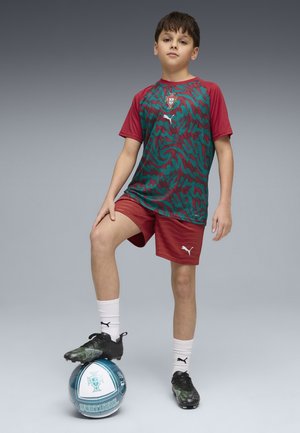 Dreng i Portugals fodboldtrøje står med den ene fod på en Portugal fodbold, iført sorte fodboldstøvler og hvide Puma-strømper, foran en grå baggrund.