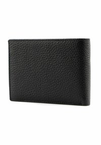 Black leather wallet with a textured surface, rectangular shape, and stitched edges. Features a compact design for cards and cash.
