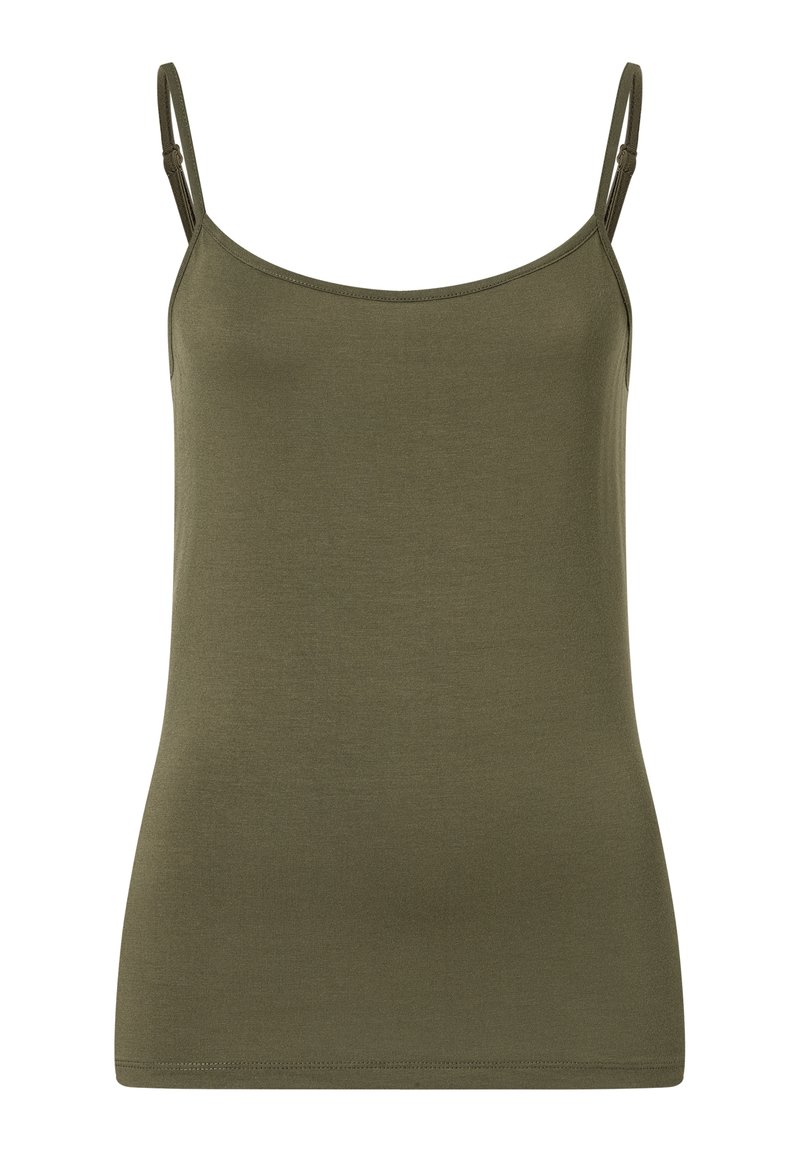 Olive green camisole top, made of smooth fabric. Features thin adjustable straps, a fitted design, and a straight hem without embellishments.