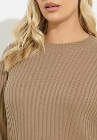 Sweter dziany w jasnobrązowym kolorze, z pionowym prążkowanym wzorem i okrągłym dekoltem, wykonany z włóczki o średniej wadze i miękkim wykończeniu.