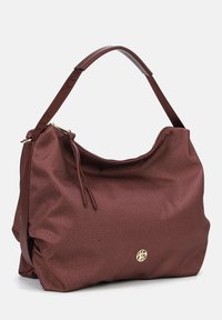 Borsa bordeaux con finitura testurizzata, dotata di una sola tracolla marrone, zip superiore e un accento logo dorato sul davanti.