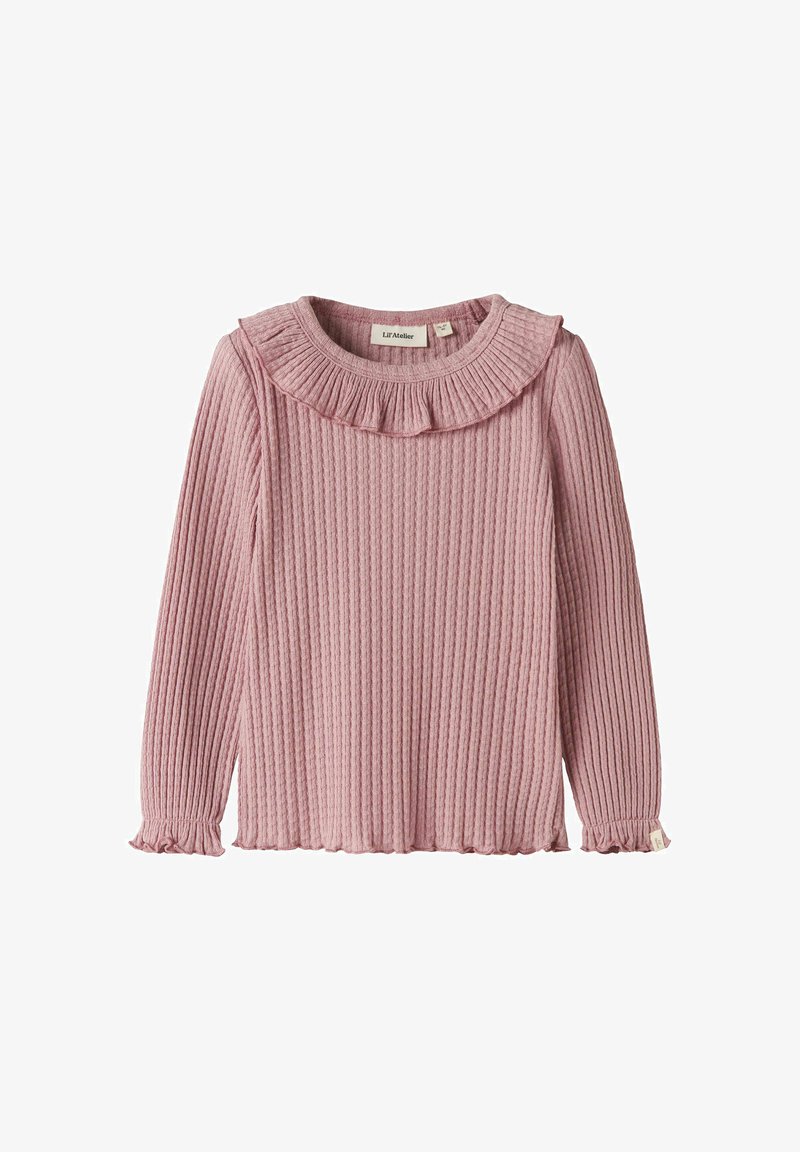 Pull doux rose côtelé à manches longues pour tout-petit avec col et poignets volantés, confectionné dans un tissu tricoté confortable.