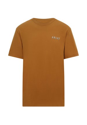 Brown short-sleeve t-shirt made of cotton, featuring a small white "ARIAT" logo on the left side of the chest. Smooth texture.