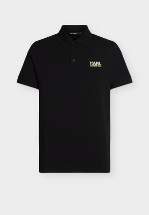 Black short-sleeve polo shirt with collar, three-button placket, and small gold "KARL LAGERFELD" logo on left chest.
